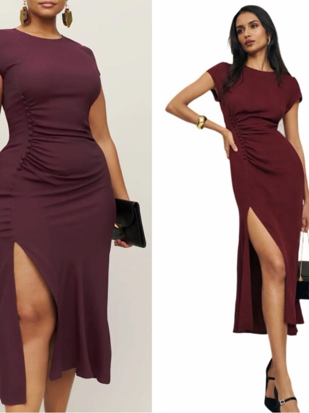 REFORMATION Frasier Ruched Button Detail Plum Midi Dress Size 14